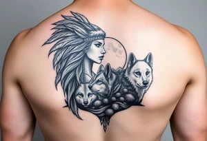 Native Amazing women with feathers in her hair, around wolves, Mountain & having the moon tattoo idea