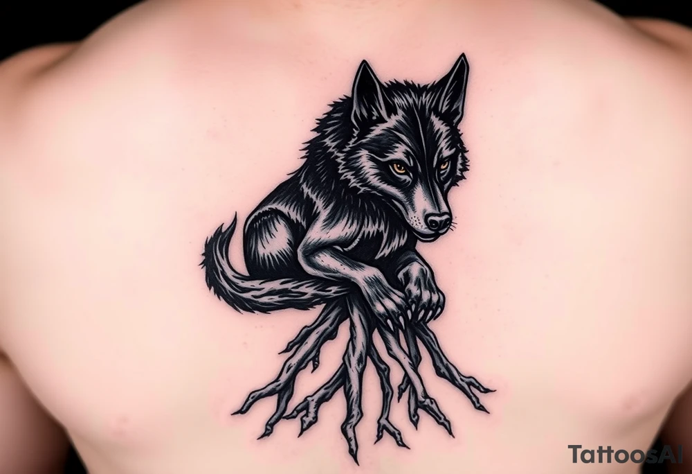 Powerful dark side black woof, sitting with roots, waiting to be unleashed tattoo idea