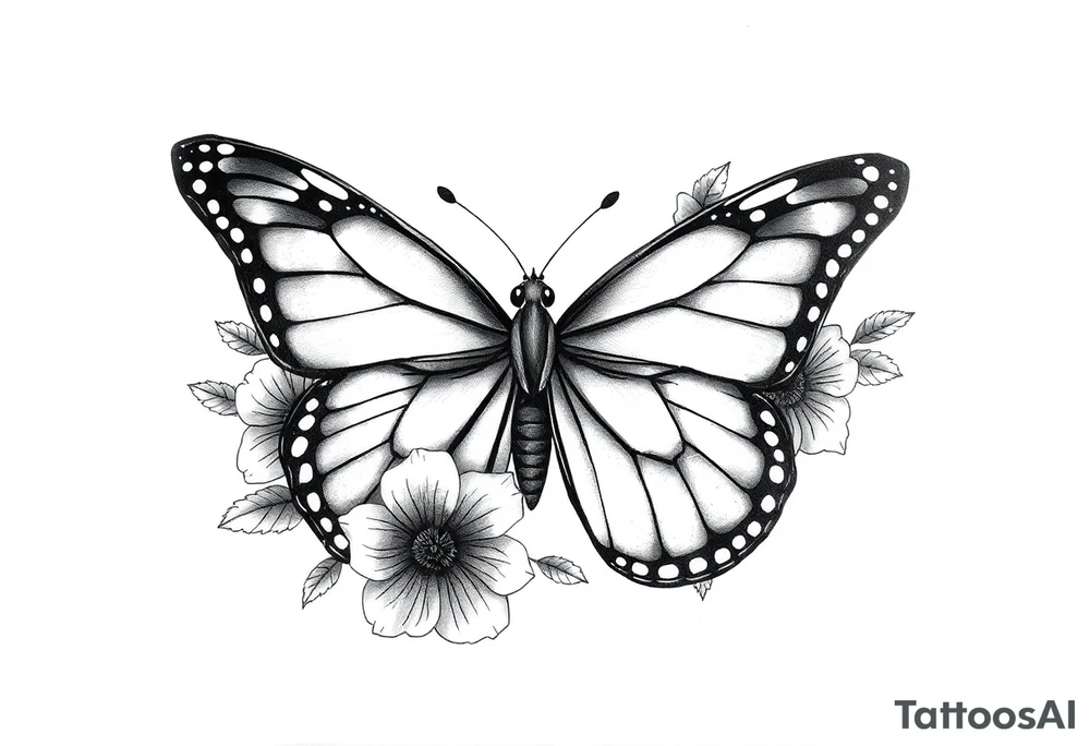 butterfly with one wing side  birth flowers around (February birth flower, March birth flower, april birth flower, august birth flower, november birth flowe, september birth flower, december birth flower) tattoo idea