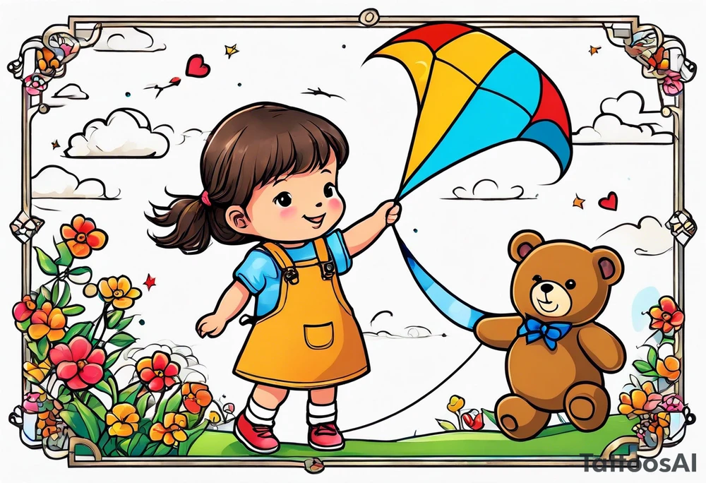 back image of a little girl flying a kite and a teddy bear in overalls, standing beside her tattoo idea