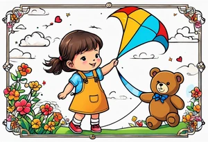 back image of a little girl flying a kite and a teddy bear in overalls, standing beside her tattoo idea