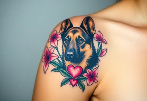 strong short haired german shepherd with alert ears surrounded by pink lilies with large leaves with a small sacred heart below tattoo idea