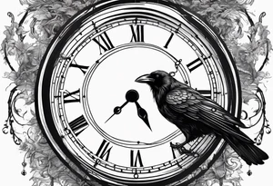 crow looking back twisted neck inside a old clock with pointers and markers being a forest tattoo idea