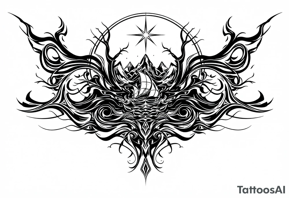 tattoo that has an acacia tree with mountains, ocean with a ship wreck with sharks and the bright northern star tattoo idea