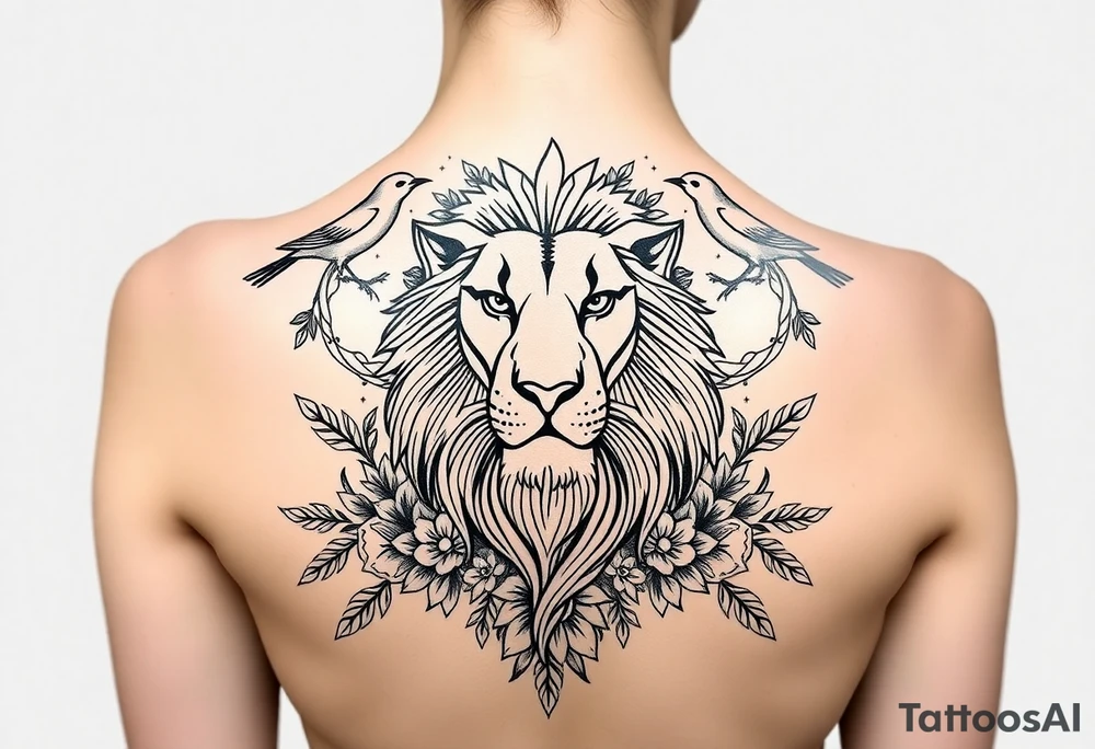 powerful majestic lion with a crown, surrounded by floral ornaments and birds tattoo idea