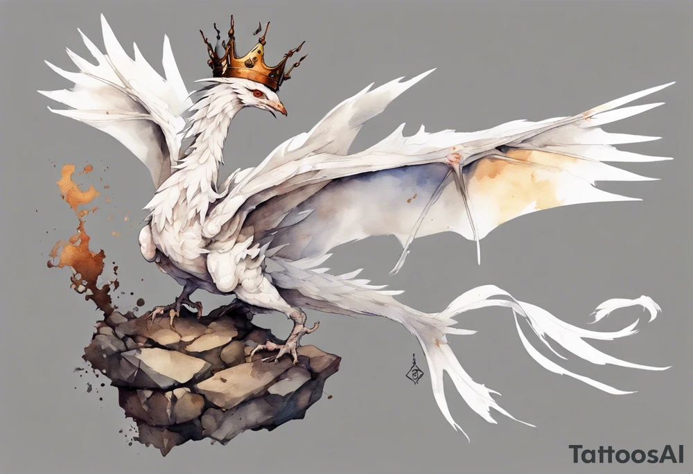 a white bird-wyvern hybrid, wearing a rusted iron crown, perched on a stone tattoo idea