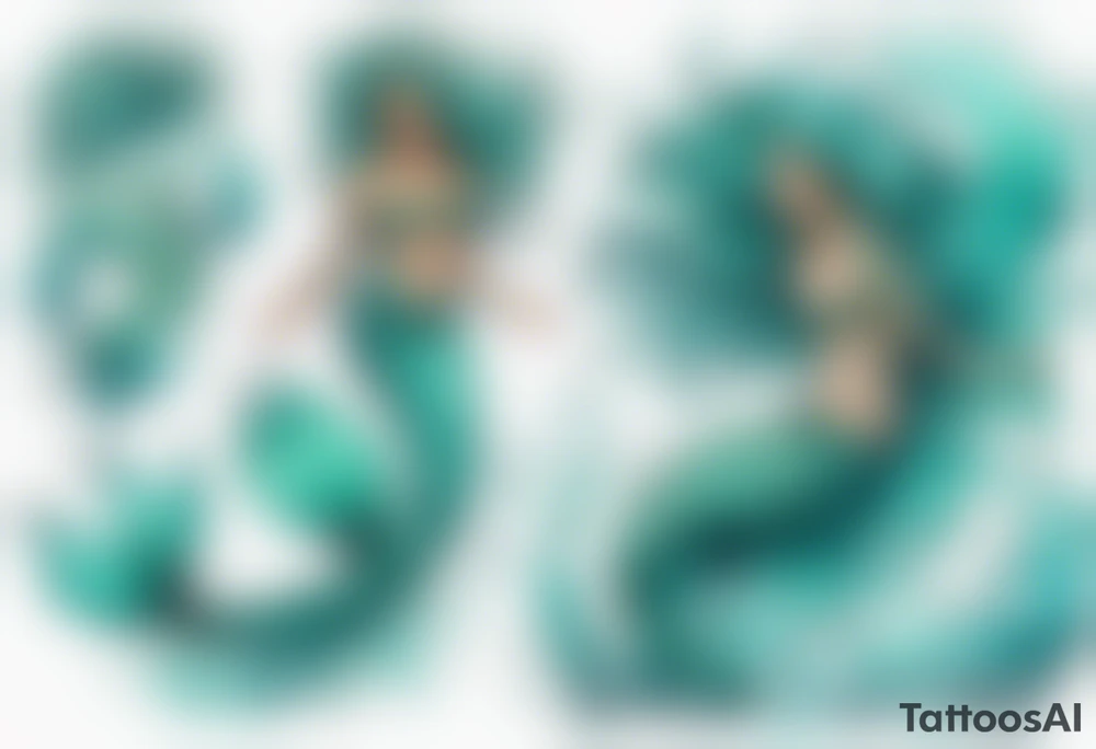 a large turquoise mermaid swimming in the sea surrounded by crashing waves tattoo idea