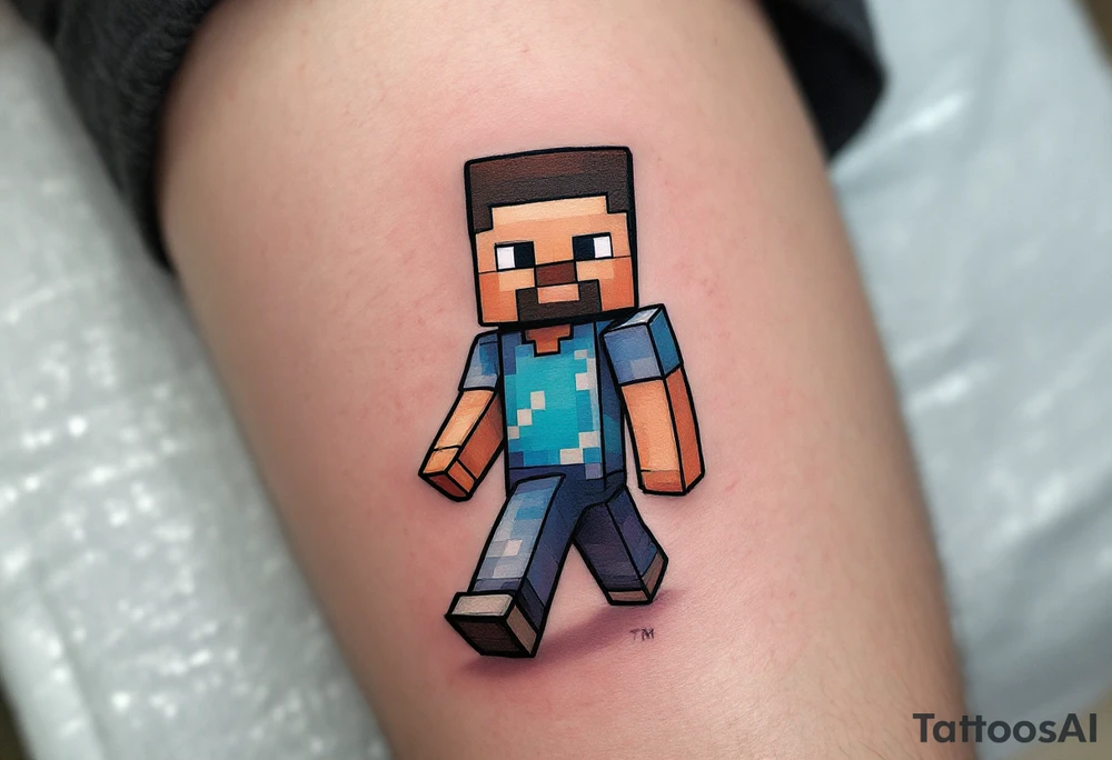 Small Minecraft Steve tattoo more vibrant colors more cartoonish walking straight legs very very small tattoo idea