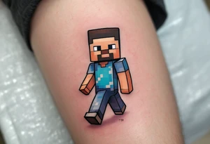 Small Minecraft Steve tattoo more vibrant colors more cartoonish walking straight legs very very small tattoo idea