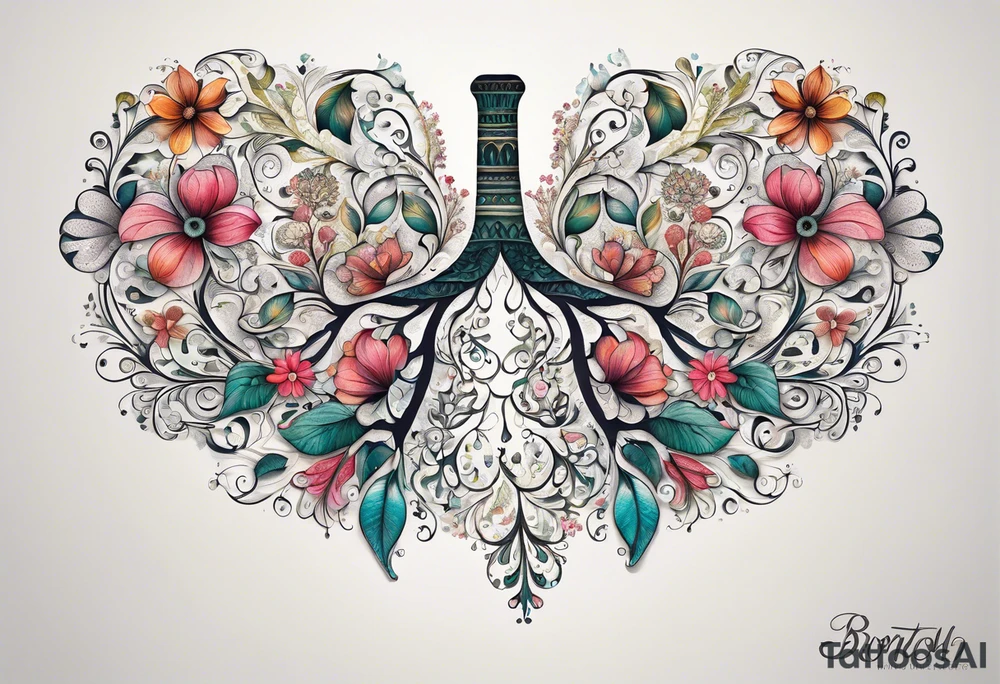 intricate and artistic arrangement of flowers and ornamental patterns that come together to form the shape of human lungs. The design should have a balance of delicacy and detail, with vibrant floral elements seamlessly intertwining to mimic the structure of the lungs, including the bronchi branching into floral motifs. Incorporate subtle shading and depth to give the tattoo a dynamic and organic feel, while maintaining elegance and symmetry, embrace by an octopus and butterflies flying around tattoo idea