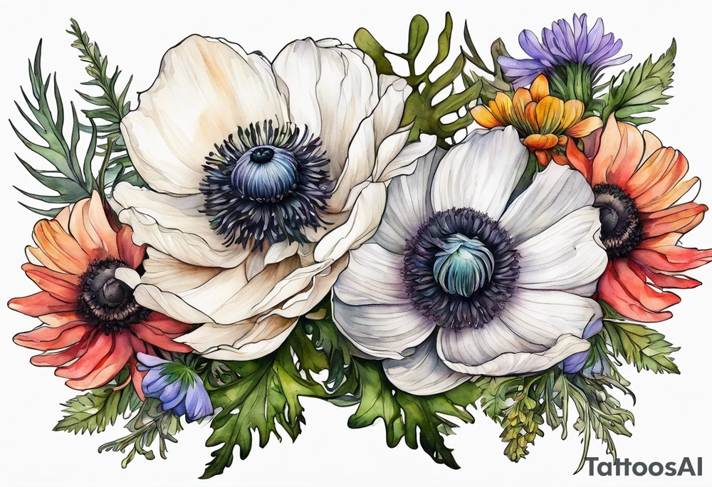 a white anemone with black center with equal sized mixed colorful wildflowers all with different shapes including thistles, ferns, ranuculus, and sun flowers all in watercolor tattoo idea