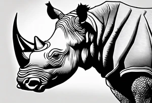 A front-facing rhino head with a sharp elongated tusk that is angry and fierce. Ears pointed straight up and forward a bit. Eyes that pierce your soul. A snarling jowel tattoo idea