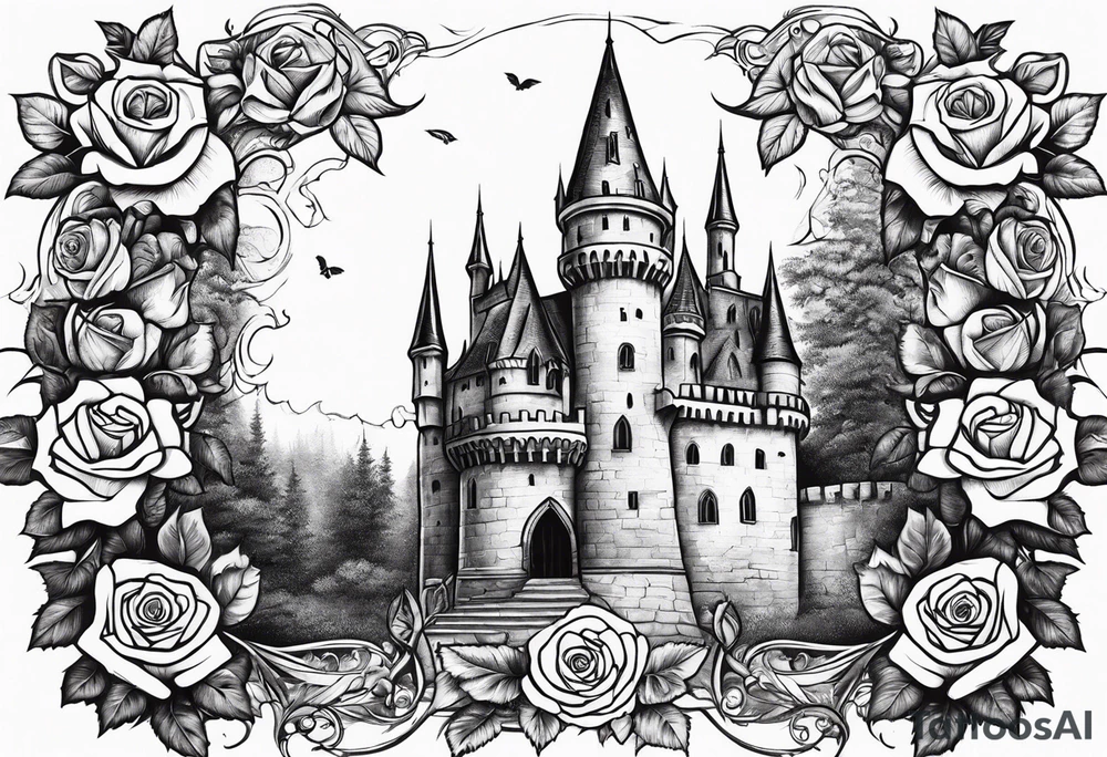 old broken gothic castle, broken sword, roses tattoo idea