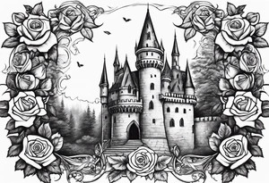 old broken gothic castle, broken sword, roses tattoo idea