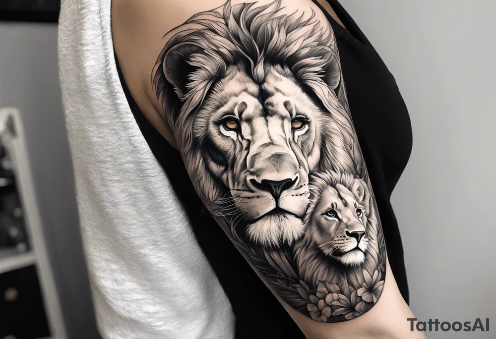 shoulder sleeve with lion and cub, landscape background tattoo idea