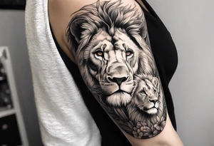 shoulder sleeve with lion and cub, landscape background tattoo idea