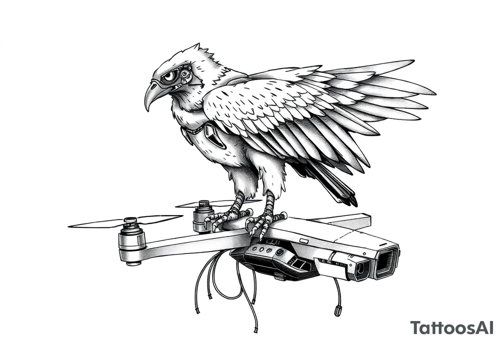 Cybernetic Vulture Perched on a Broken Drone
A scavenger bird with cybernetic enhancements, glowing eyes, and metal talons.
Perched on a busted surveillance drone, wires hanging loose like entrails.
Symbolizes survival in a tech-ravaged world. tattoo idea