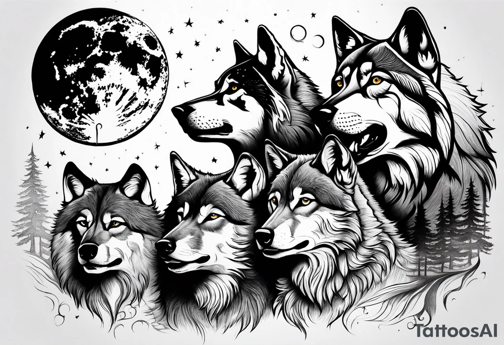 6 wolfs howling at moon tattoo idea