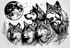 6 wolfs howling at moon tattoo idea