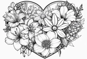 Daisy, lily, narcissus, larkspur, gladiolus, chrysanthemums, in a heart tattoo idea