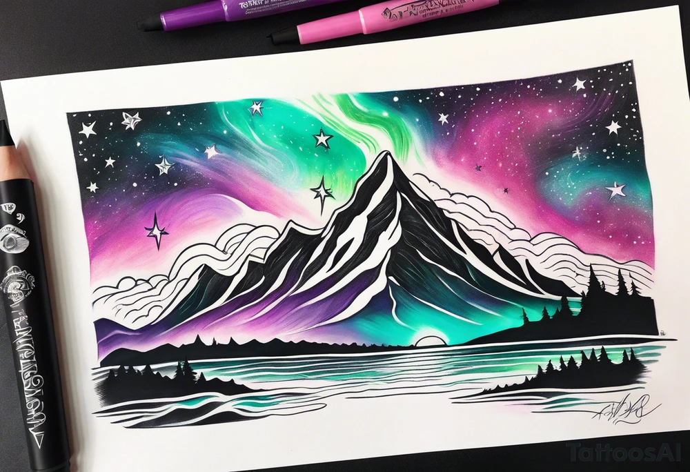 Pink purple teal green northern lights and stars tattoo idea