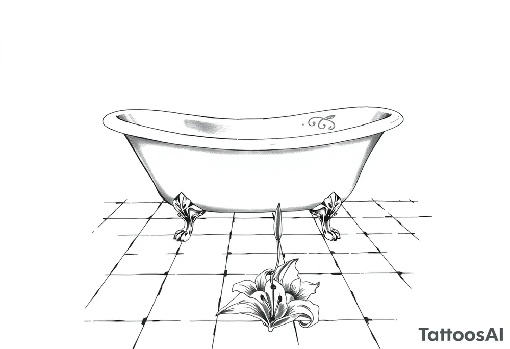Clawfoot bathtub on tile floor with lily coming up from floor tattoo idea