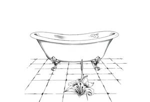 Clawfoot bathtub on tile floor with lily coming up from floor tattoo idea