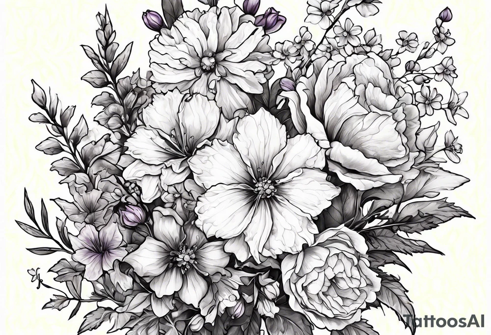 Tattoo of a floral Bouquet with larkspur with stem, carnation with stem, violet, with stem, daisy with stem tattoo idea