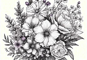 Tattoo of a floral Bouquet with larkspur with stem, carnation with stem, violet, with stem, daisy with stem tattoo idea
