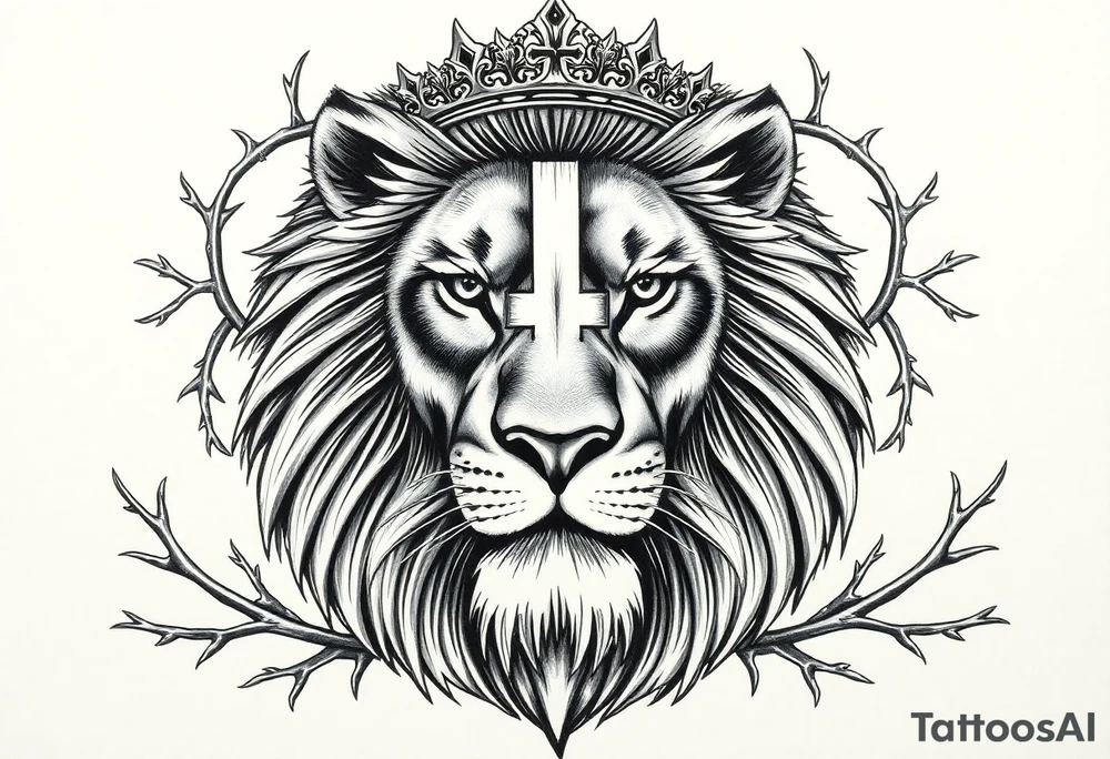 Large upper back tattoo design, centered and symmetrical.
A powerful, majestic male lion facing forward with an intense, calm gaze, ultra-detailed black and grey realism, highly defined mane and facial features.
The lion wears a royal ornamental crown resting naturally on its head.
A Christian cross embedded into the design, perfectly centered behind the lion’s head and mane, partially hidden and integrated, with only the outer edges and tips of the cross visible, as if the lion is emerging from it.
The cross is structural and symbolic, not floating, not overlapping in front of the lion.
Surrounding the lion are ornamental thorn elements only — sharp, elegant, symmetrical thorn vines wrapping around and framing the lion’s mane and shoulders.
NO flowers, NO leaves, NO birds, NO animals, NO skulls.
Strong contrast, bold clean linework, smooth shading, tattoo-ready, masculine, regal, spiritual, timeless design. tattoo idea