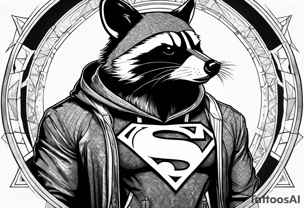 raccoon wearing a Superman hoodie tattoo idea