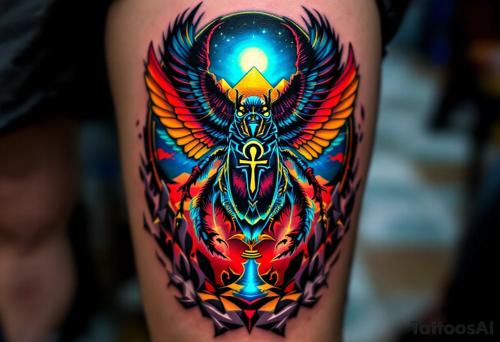 A glowing scarab beetle carrying an Ankh, set against a backdrop of golden pyramids under a twilight sky. tattoo idea