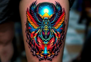 A glowing scarab beetle carrying an Ankh, set against a backdrop of golden pyramids under a twilight sky. tattoo idea