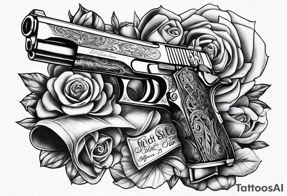 Chicano style 
city gangster guns tattoo idea