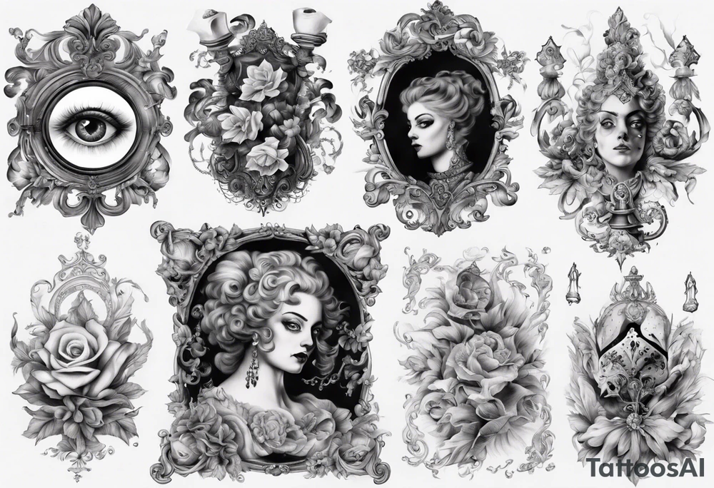 Baroque with card and eye sleeve tattoo idea