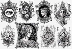 Baroque with card and eye sleeve tattoo idea