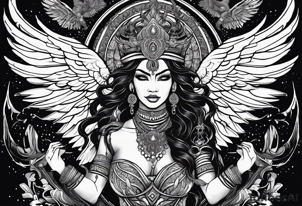 black kali, goddess pirate, alien, angel, pachamama, valkrye, warrior, flying, skull, lotus azul, wing, eagle, zenza resonance, stars, 5D, anahata chakra, death, durga, riding on a tiger, flying lady, kundalini, chest tatoo, rebel tattoo idea