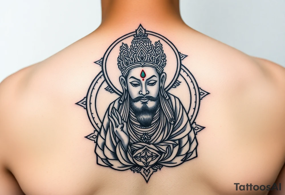 "Tibetan thangka tattoo but deity is a crypto wallet with QR face. Geometric patterns, black/red ink." tattoo idea