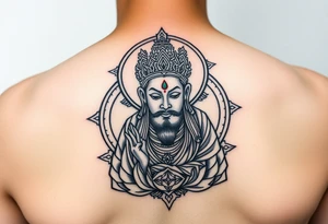 "Tibetan thangka tattoo but deity is a crypto wallet with QR face. Geometric patterns, black/red ink." tattoo idea