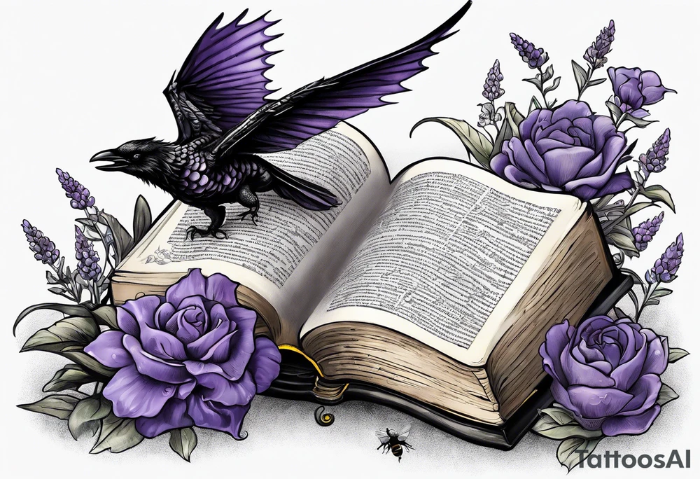 an open book. Above the book, a small dragon, flies. a pawn chess piece.  On the left corner of the book, a little raven. Below the book, a cluster of lavender flowers, with a bumblebee tattoo idea