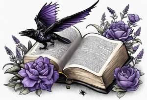 an open book. Above the book, a small dragon, flies. a pawn chess piece.  On the left corner of the book, a little raven. Below the book, a cluster of lavender flowers, with a bumblebee tattoo idea