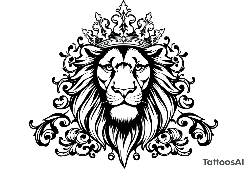 majestic lion wearing ornate crown, surrounded by baroque flourishes tattoo idea