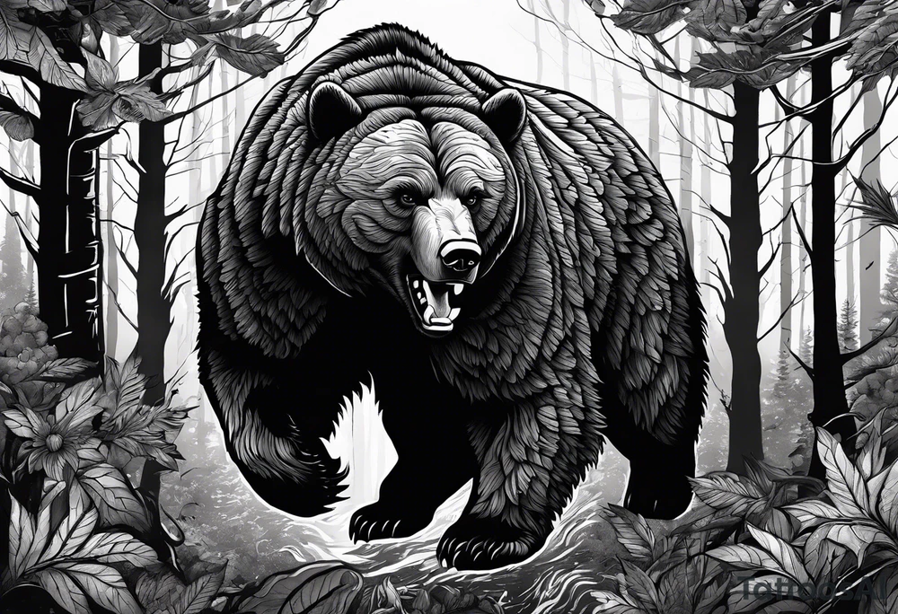 Bear growling. They are in a cloudy forest with fierce warriors. Number 14 is in the sternum tattoo idea