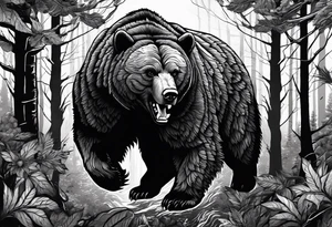 Bear growling. They are in a cloudy forest with fierce warriors. Number 14 is in the sternum tattoo idea