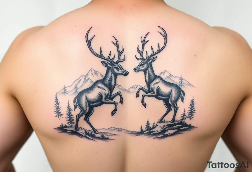Forearm tattoo Black and grey realism Nature scene with two stags fighting in the foreground include mountains water and trees tattoo idea