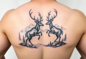 Forearm tattoo Black and grey realism Nature scene with two stags fighting in the foreground include mountains water and trees tattoo idea