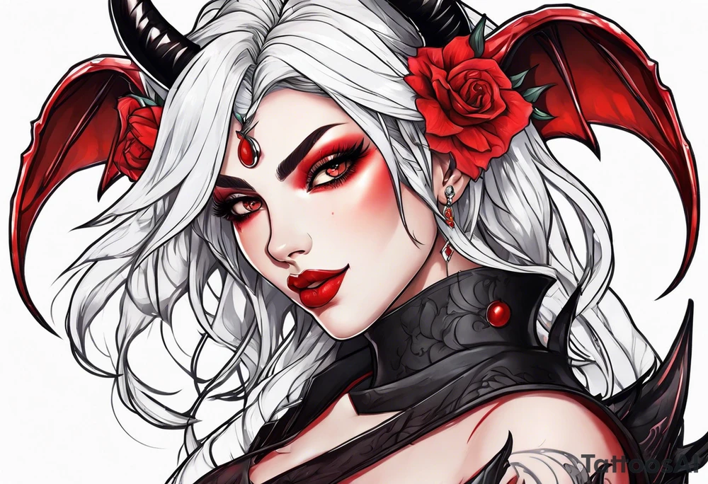 anime style succubus with red horns in a portrait tattoo idea