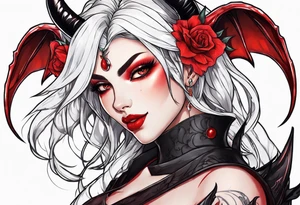 anime style succubus with red horns in a portrait tattoo idea
