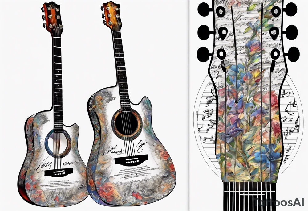 Acoustic Guitar neck with strings made of signatures emerging from skin tattoo idea