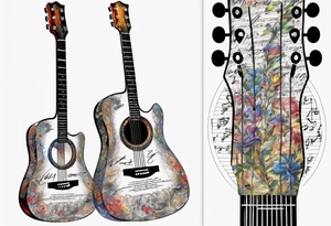 Acoustic Guitar neck with strings made of signatures emerging from skin tattoo idea
